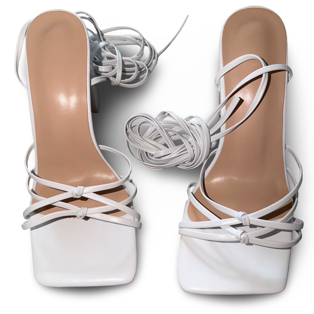 White Strappy Lace Up Block Heel Sandals Square Toe Knot Detail EUR 38 US 7.5